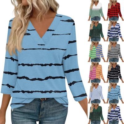 3/4 Length Sleeve Womens Tops V Neck Casual Tunic Tops Basic Shirts Loose Fit Blouse
