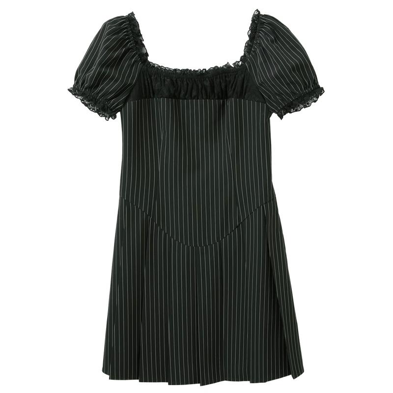 Sancai 2026 Summer Striped Puff Sleeve Square Neck A-line Short Dress XL