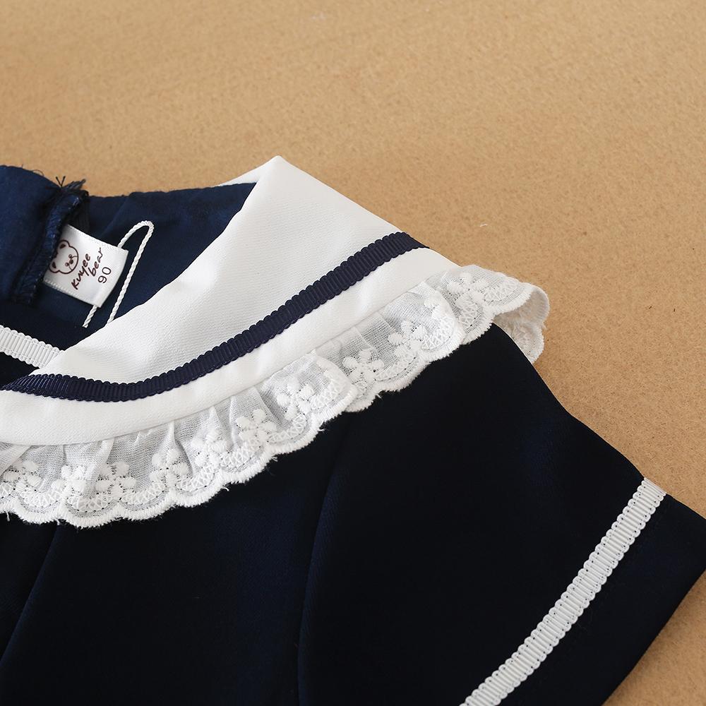 Girls Summer Dress 100% Cotton Navy Blue Clothes for Kids Aged 2-6 Years with White Collar Short Sleeves Children Dresses