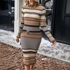 New Autumn Winter Striped Long Sleeve Round Neck Slim Fit Knit Dress