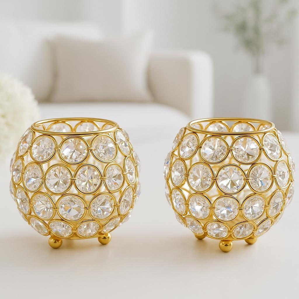 Pack of 2 Tea Light Crsytal Candle Holder - Pooja Diya Decoreation Items for Home Diwali Brass Puja Item Unique Christams Diwali Gift