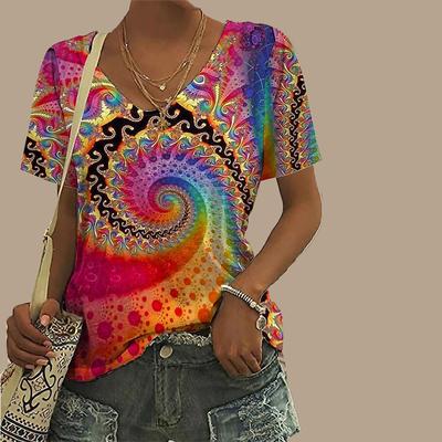 Damen V-Ausschnitt Kurzarm Bunt Vortex Bedrucktes Oberteil Lockeres T-Shirt Freizeithemd