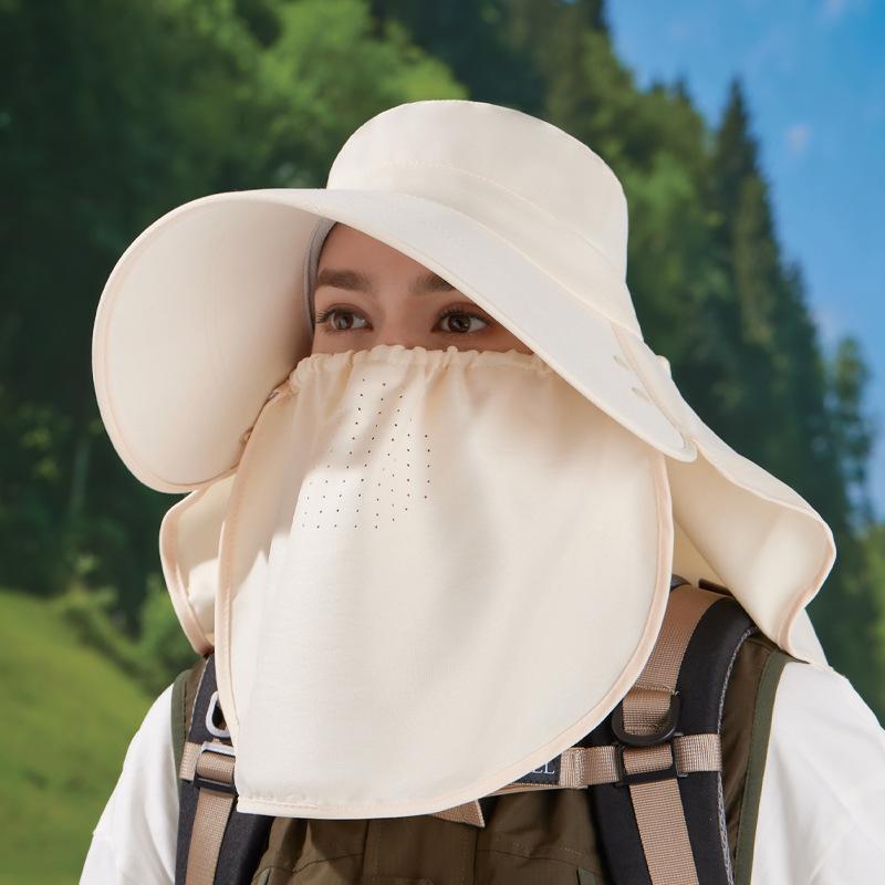 Summer Sun Protection Hat Women's Big Brim Shawl Neck Protection Sun Hat Breathable Face Mask Can Be Ponytail Bucket Hat