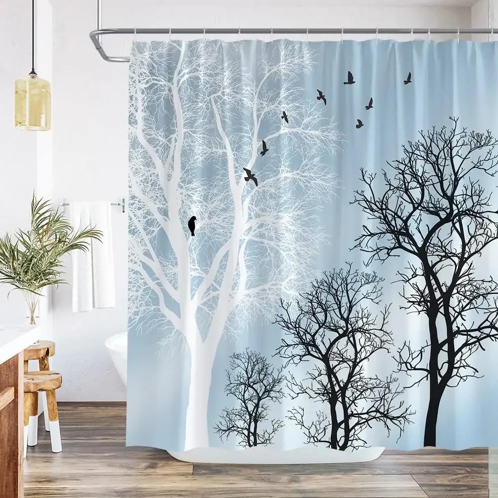 Forest Moon Shower Curtain for Bathroom Dark Black Nature Gothic Tree Scenery Foggy Woodland Bath Curtain Bathroom Decor,Hooks