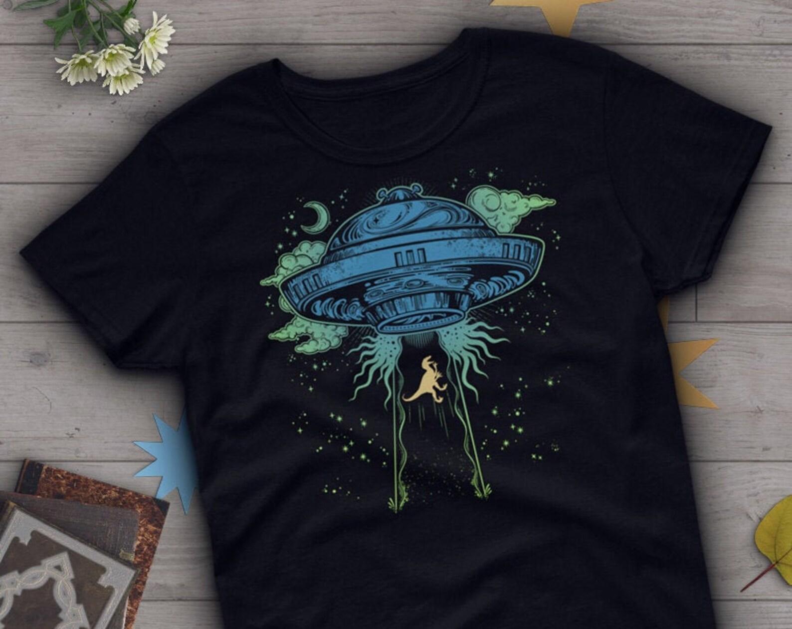 UFO Dinosaur Shirt, , Raptor Lover Gift, Cool Velociraptor T-shirt, Area 51 Top, Alien Tshirt, Extraterrestrial Fan, Funny Dinosaur 110