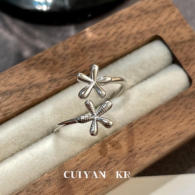 Cui Yan S925 Sterling Silver Korean Summer Flower Adjustable Ring for Women Open Adjustable