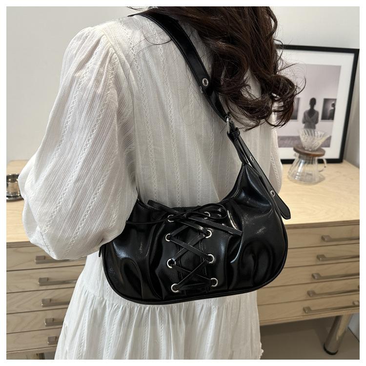 1Pc Lace-up Bow Bag Women's Spring New PU Dumpling Bag Temperament Shoulder Bag Sweet and Cool Messenger Bag