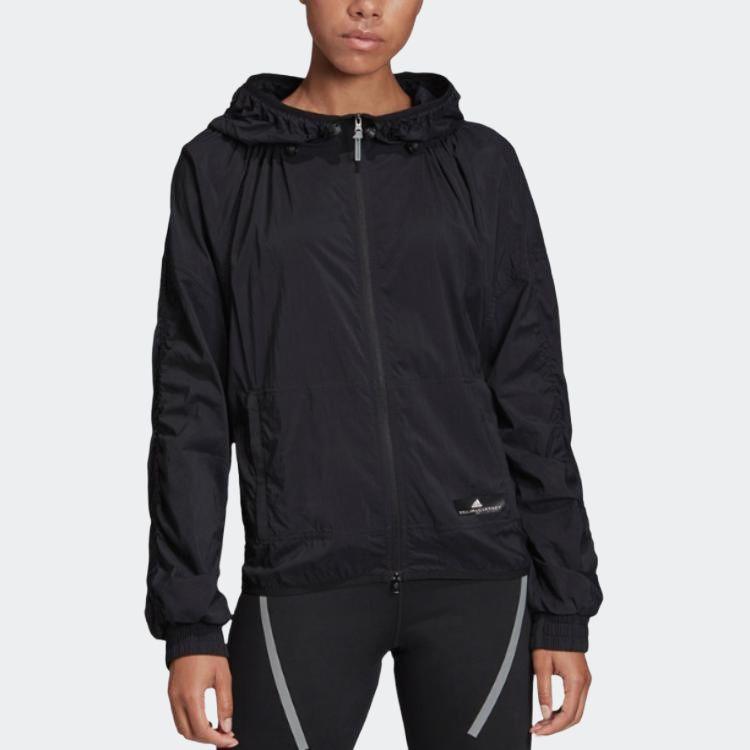 Adidas Hooded Windbreaker Solid Color Zip Long Sleeve Jacket Women Jackets Black EB4063