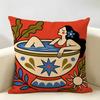 Coffee Bath In BLUE Cushion Cover Durable Hypoallergenic Organic Linen Pillow Cover Short Size Washable Skin-Friendly