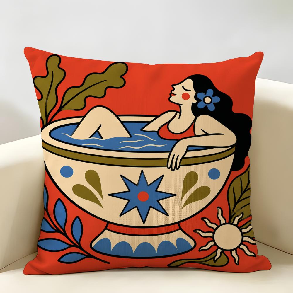 Coffee Bath In BLUE Cushion Cover Durable Hypoallergenic Organic Linen Pillow Cover Short Size Washable Skin-Friendly