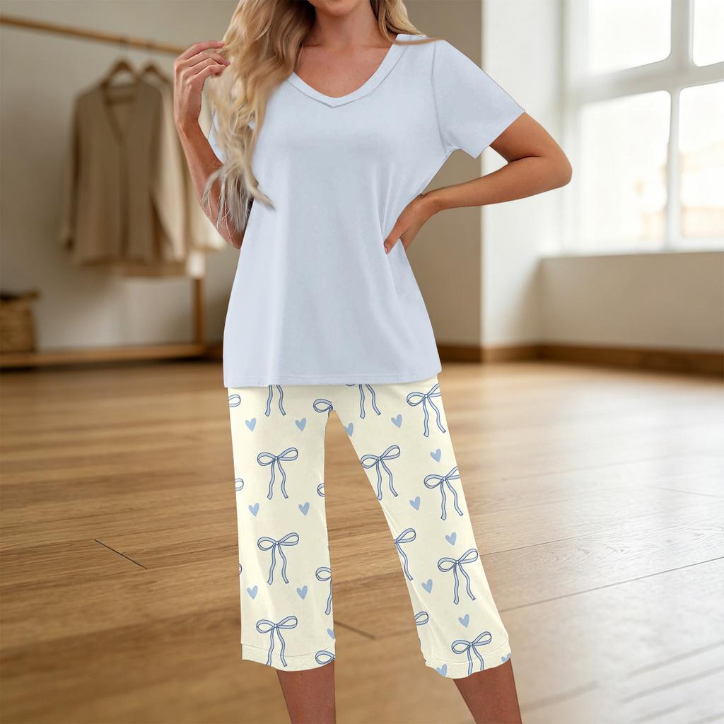 Women's Printed Two Piece Short Sleeve Pajama Set with Pants for Casual Sleepwear