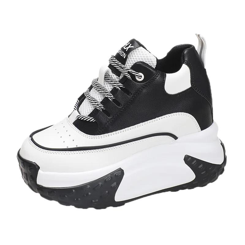 10CM High Heels Autumn Chunky Sneakers for Women 2025 New Platform Sports Mesh Shoes Woman Lace-up Thick Bottom Dad Shoes Ladies