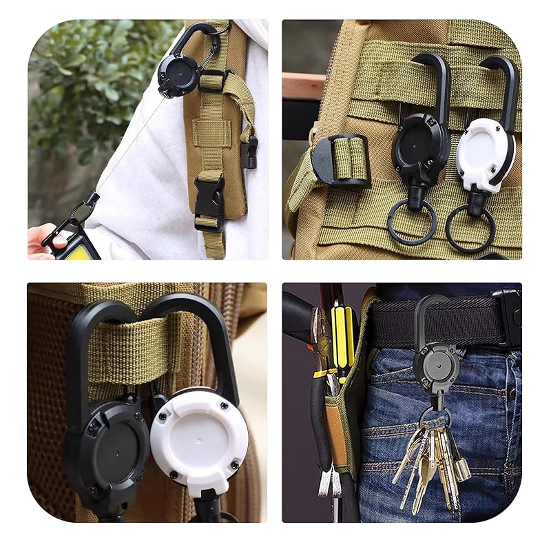 CRAZY SHARK 2 pieces reel keychain powerful carabiner pin-on reel key reel metal wire Maximum 60cm key chain extend Durable Loss prevention