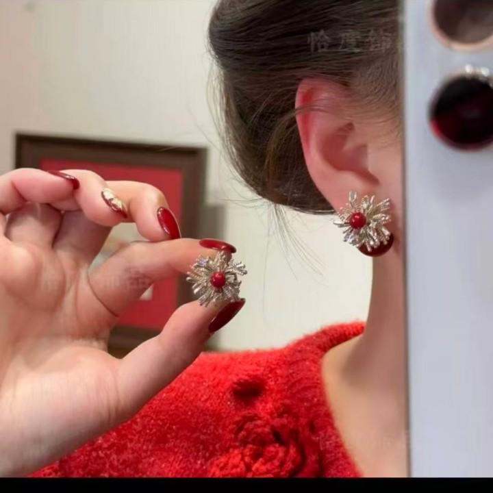 2026 Red Firework Beaded Earrings: Stylish & Luxurious High-End Accessory for Autumn/Winter