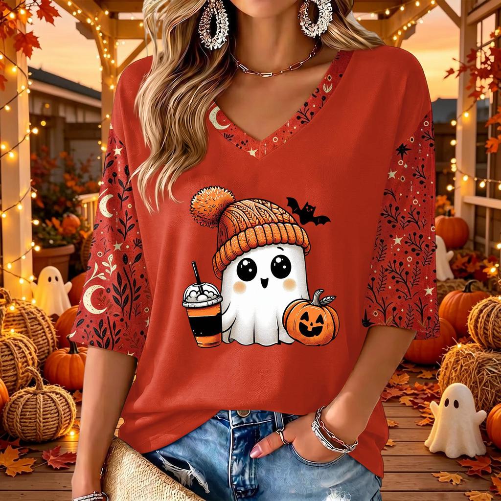Women's V-Neck Halloween Print Casual Three-Quarter Sleeve Top