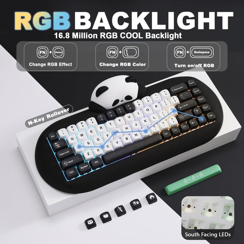 YUNZII C68 Wireless Mechanical Cute Panda Gaming Keyboard with Three RGB for Technical Standards Certification Keyboard, Design, 65% Wireless,