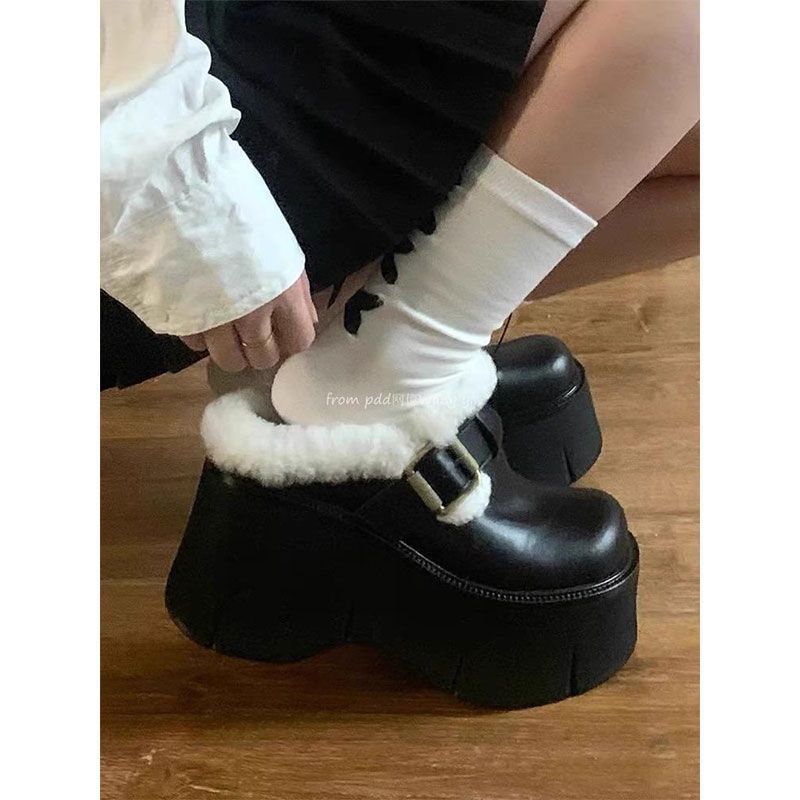 Thick-bottomed Velvet Semi-slippers, Winter Wool Mouth Belt Buckle Heightened Baotou Loose Leather Surface, Outside Wear Cake British Style Slippers 