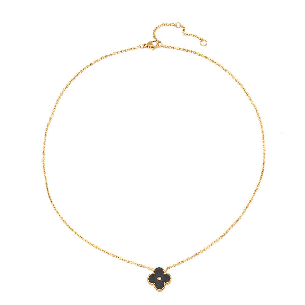 GEMCHIC Women s Four-Leaf Clover Enamel Stainless Steel Necklace with Gold Plating and Rhinestone Pendant