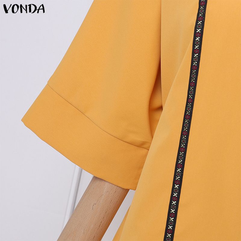 VONDA Women Lapel Neck Long Sleeve Embroidery Hem Casual Long Elegant Shirts Dress