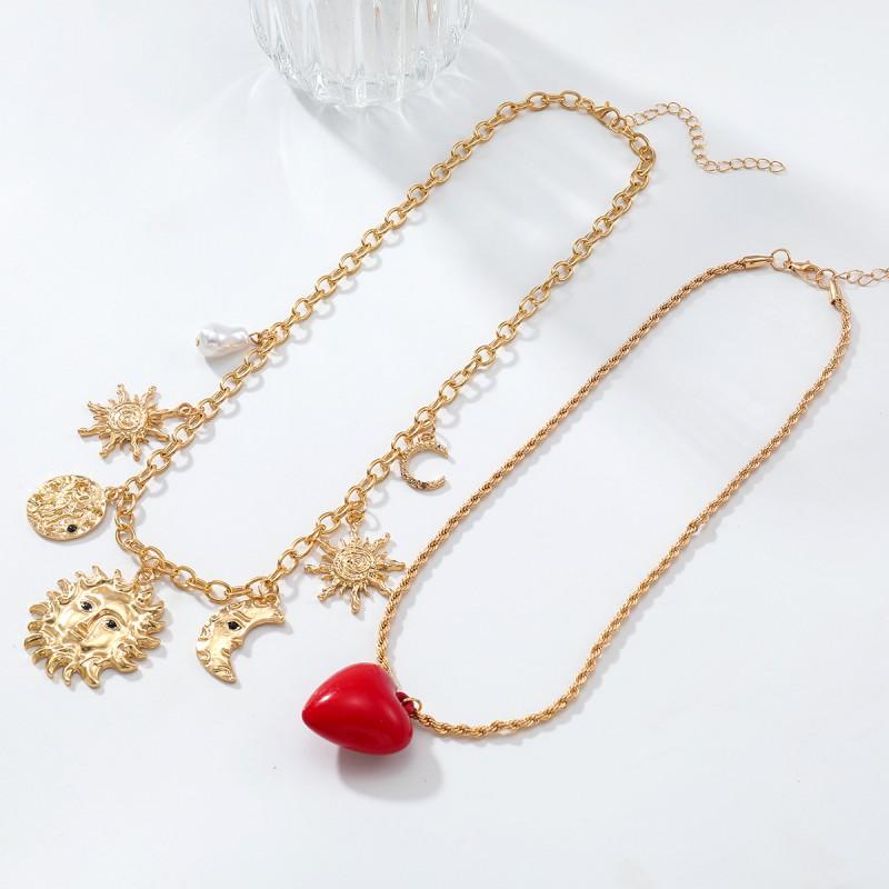 Gold Tone Alloy Pendant Necklace Set With Sun Moon Heart Charms Imitation Pearl Layered Cross Chain Women Beach Style