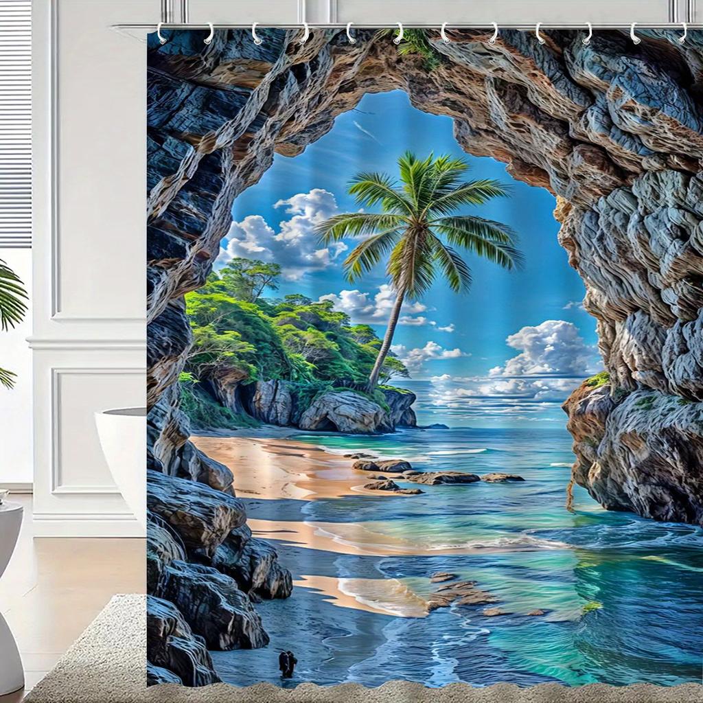 Beach Shower Curtain Tropical Island Ocean View Rock Cave Design Nature Art Modern Bathroom Decor Waterproof Printed Bath