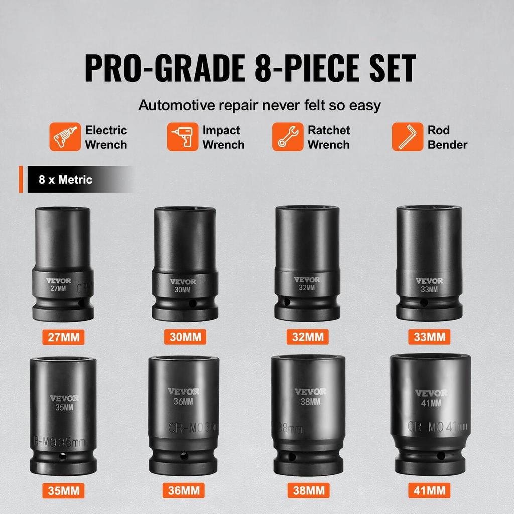 Impact Sockets Set 8pcs 6-Point 1" Drive Bit Ratchet Tool Kit Case
