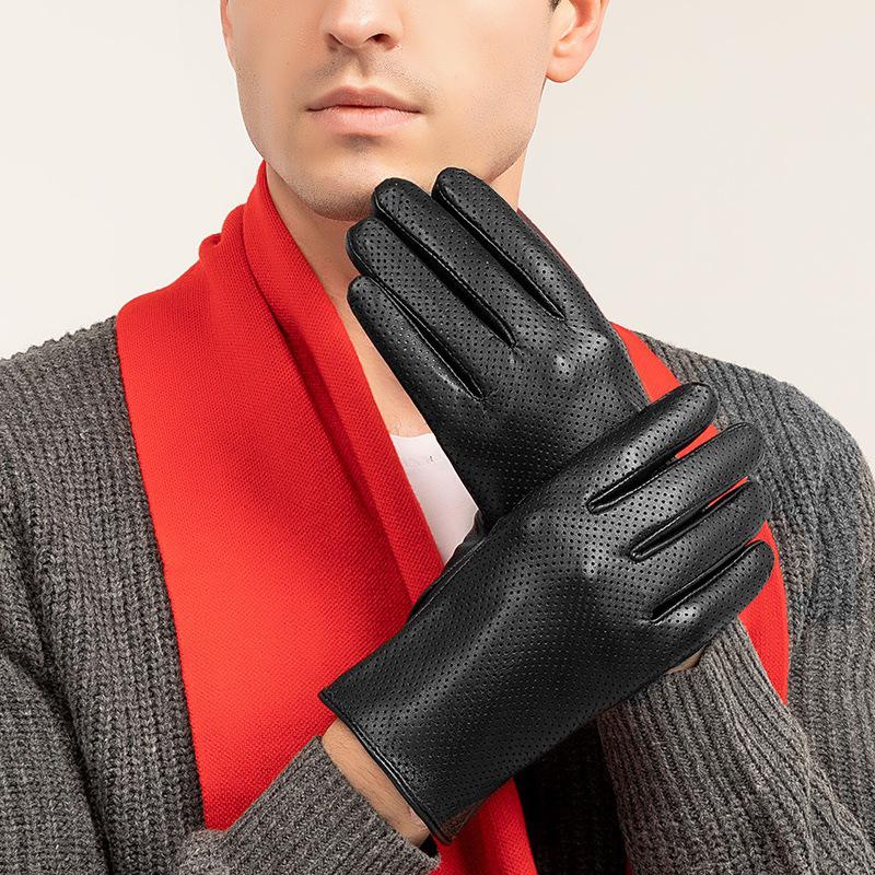 Men's Thin Genuine Leather Driving Gloves - Perforated Sheepskin, Touchscreen, Spring/Autumn.