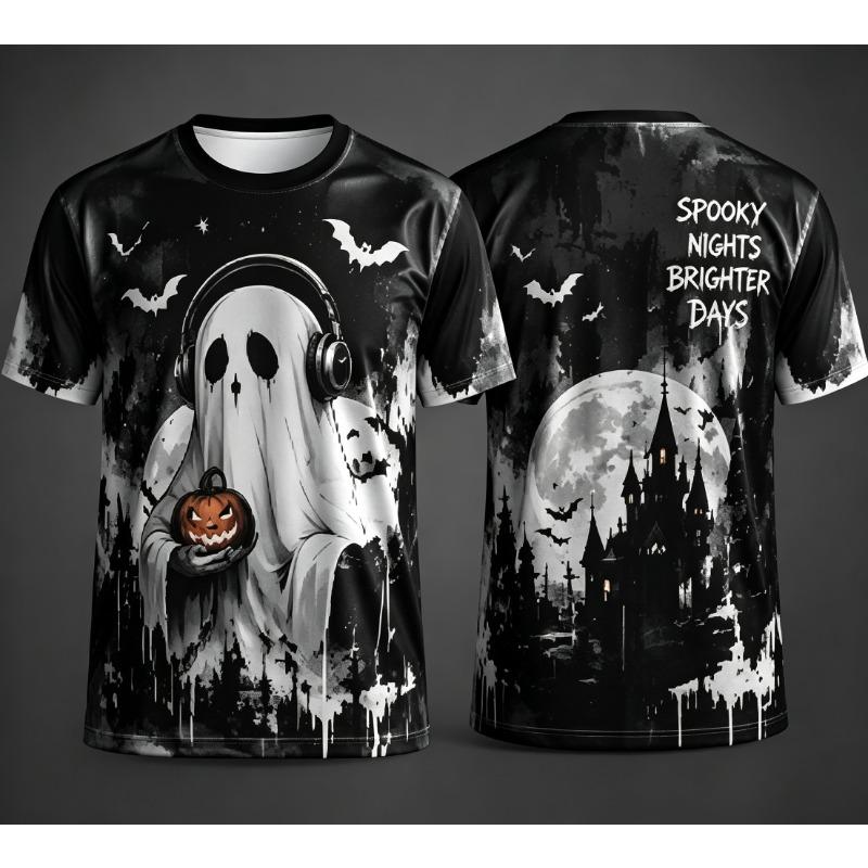 Herren Halloween 3D-Druck T-Shirt Anime Hexe Mädchen Kürbis Fledermaus Orange Schloss Mond Grafik Kurzarm Party Oberteile