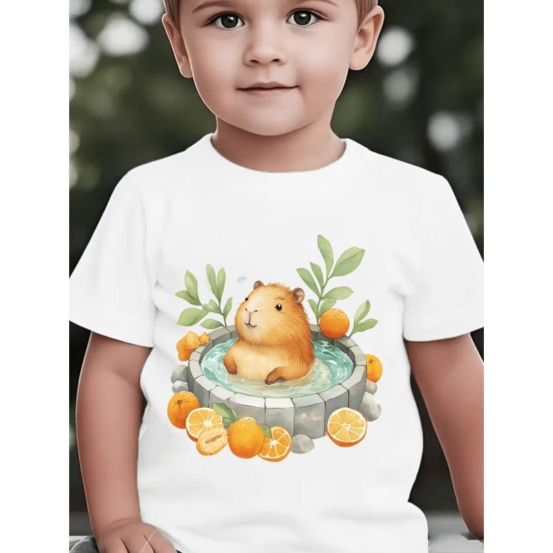 Boys Crewneck Tee, Cute Capybara Soaking In Hot Spring With Citrus Orange & Green Leaves Print 110 белый