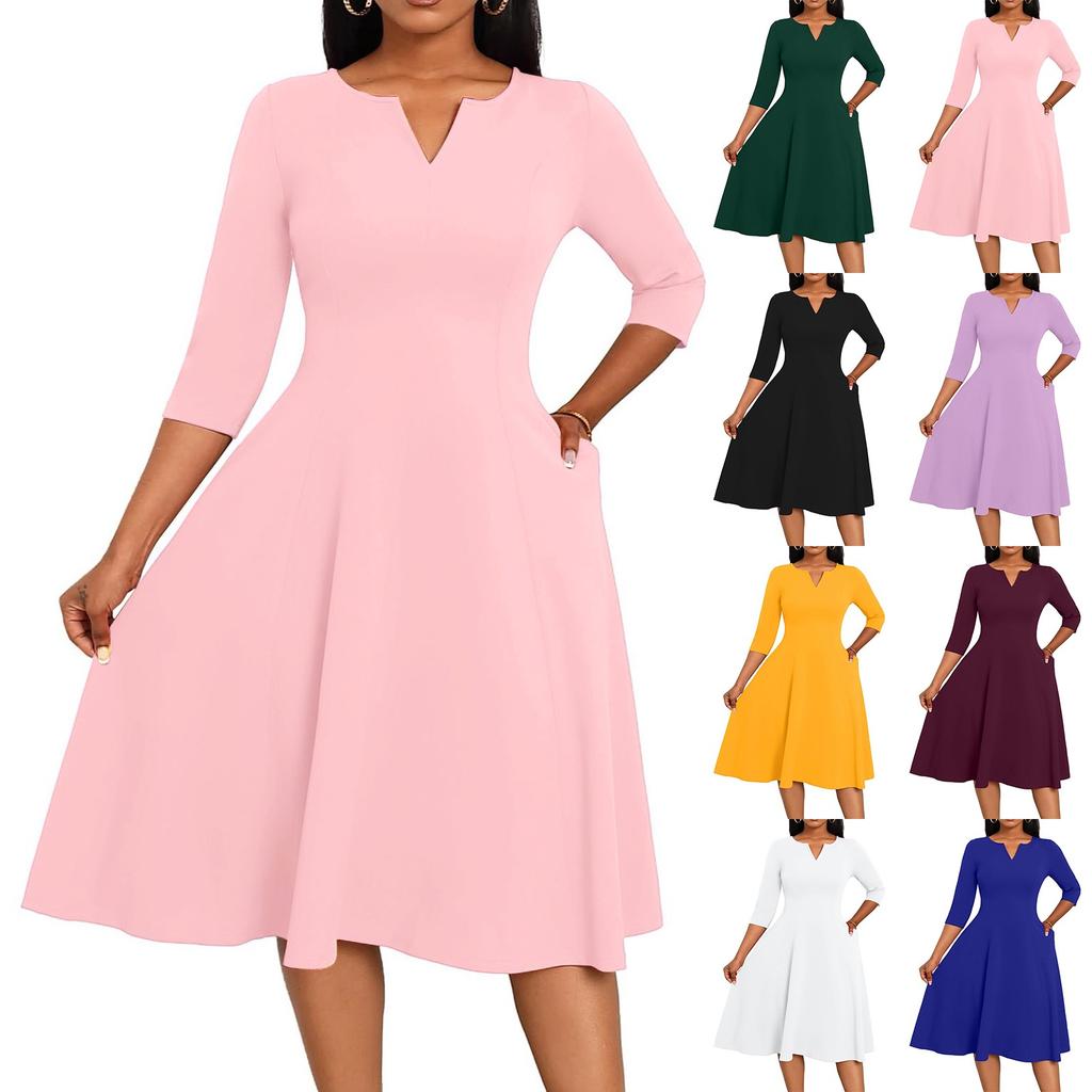 Women's A-Line Fit & Flare Skirt 3/4 Sleeves V-Neck Solid Color Cocktail Wedding Guest Overalls With Pockets Dress