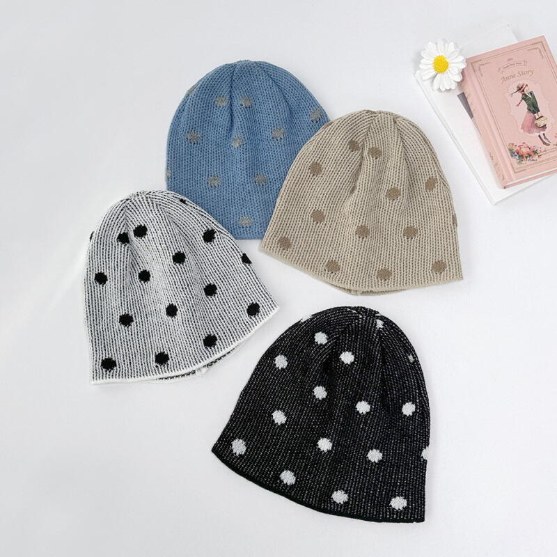 Women s Two-Tone Polka Dot Spring Hat Beanie C7977_Black