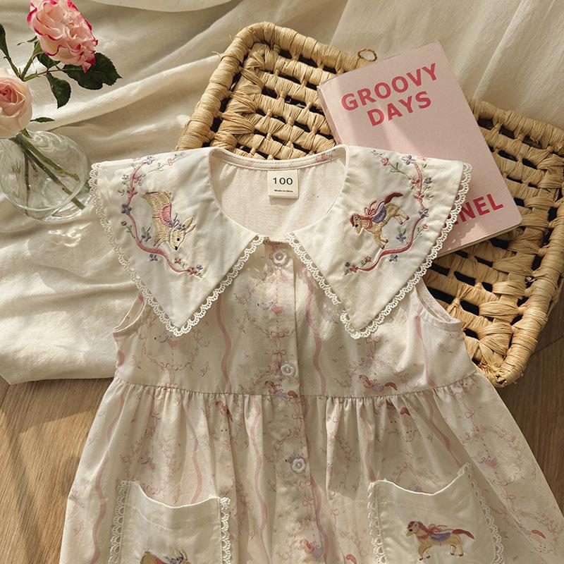 Girls Summer Floral Sleeveless Dress With Collar And Lace Trim Cute Casual Party Sundress For Kids
