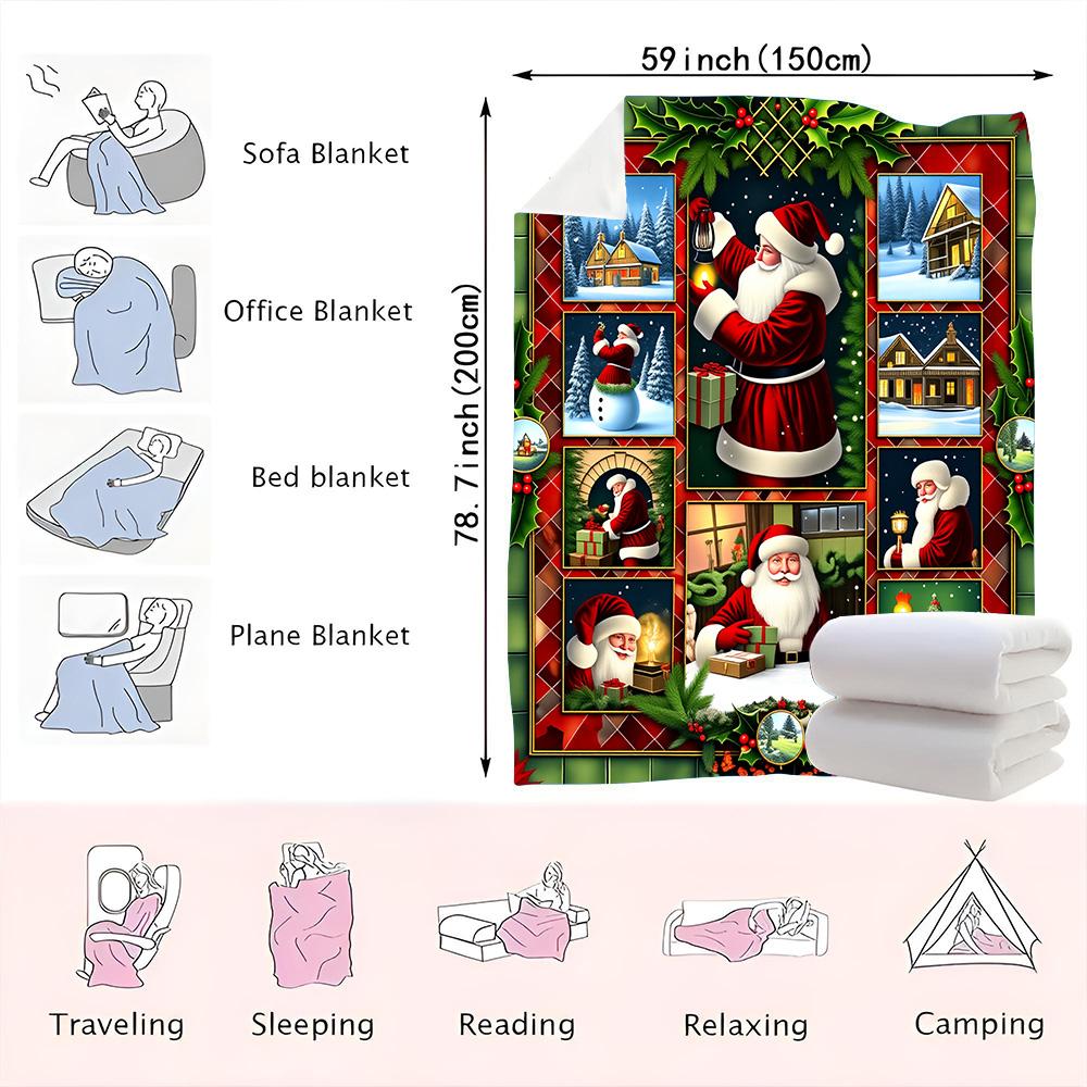 1PC Christmas Santa Print Blanket-Made of soft plush flannel, perfect for sofas, beds or loungers. Ideal for holiday home decor