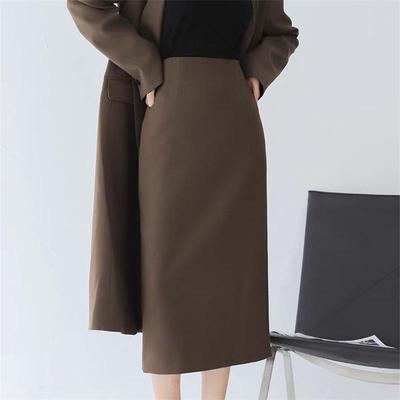 Jupe Mi-Longue Couleur Café Coupe A Ligne Taille Haute Fendue pour Femme