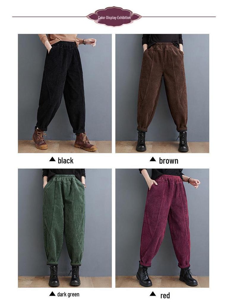 2024 Women's Plus Size Corduroy Harem Pants - Purple, Thickened Velvet, Elastic Waist, for Spring, Autumn, Winter.