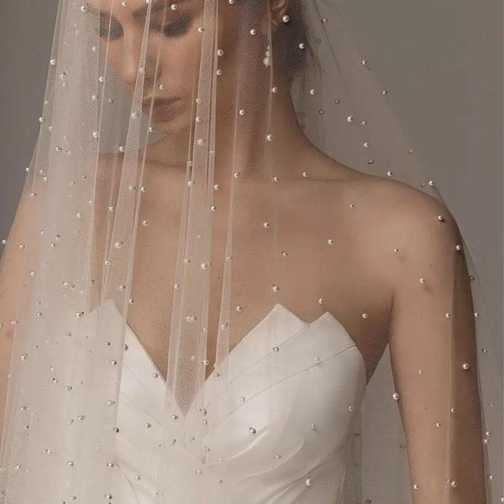 Elegant Wedding Veil White Cathedral Veil Bridal Accessory Pearls Veil  Wedding Ceremony