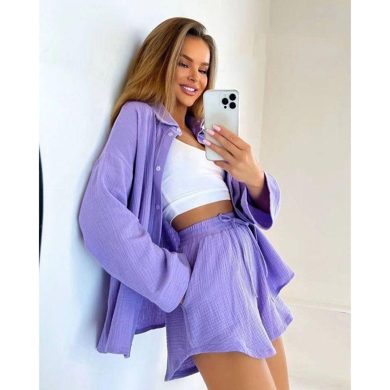 European and American New Long sleeve Shirts Shorts Fashion Casual Set Casual Shirt and Shorts Set