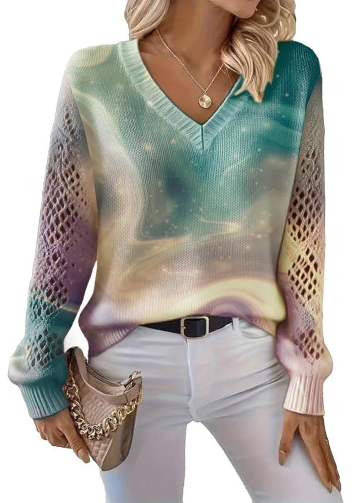 V-Neck Eyelet Print Sweater - Style HS-LY52