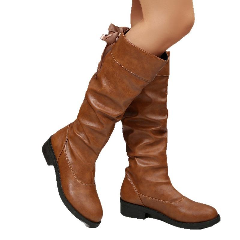 Winter Vintage Pleated Stack Boots 2025 New Size Round Toe Back Lace-Up Knight Boots Women