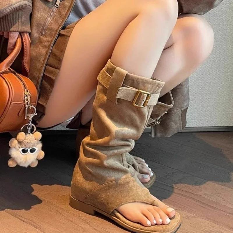 Fashion Summer Women Boots Open Toe Chunky Heel Sandals Knee-High Boots Flock Shoes for Women Low Heel Boots Belt Buckle Plus Size Shoes