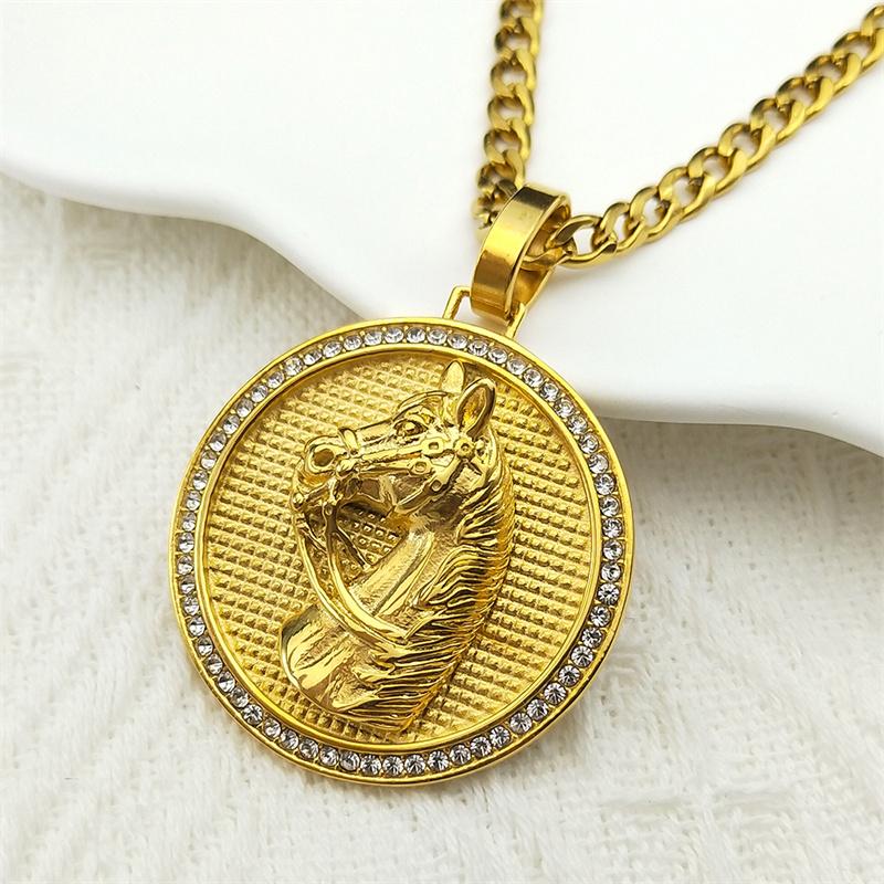 Rhinestone Horse Head Pendant Necklace for Men Hip Hop Stainless Steel Gold Color Animal Lucky Jewelry Gift for Boyfriend 7619-3