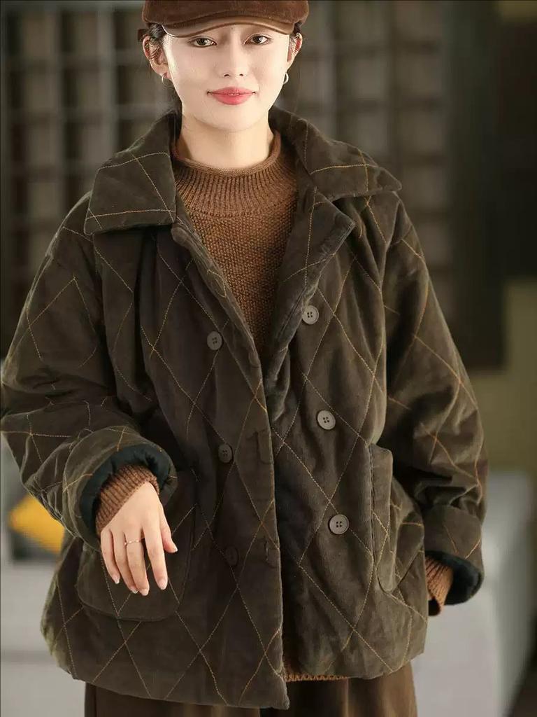 Johnature Women Vintage Turn-dwon Collar Long Sleeve Winter Coats Button Patchwork Pockets Coats