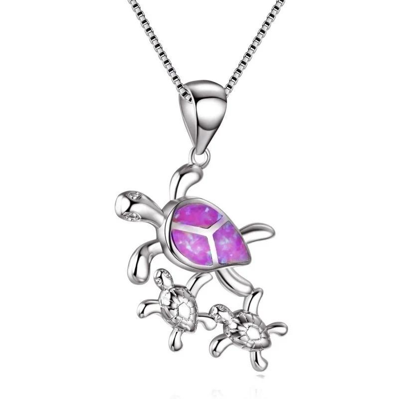 Boho Fashion Cute Sea Turtle Family Pendant Necklace for Women Girl Inlay Imitation Blue Opal Necklace Wedding Party Jewelry
