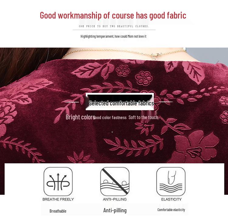 Plus Size Gold Velvet Mid-Length Dress - 2024 Autumn Style for Middle-Aged and Elderly Women