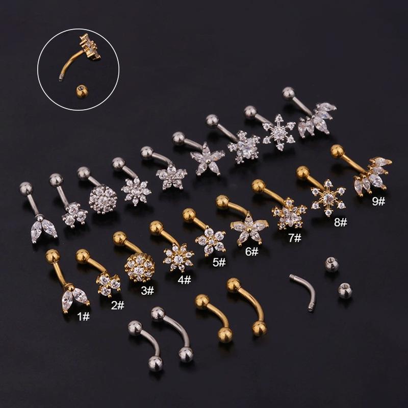 Stainless Steel Zircon Eyebrow Studs: 1.2x6/8mm Curved Rod Cochlear Design