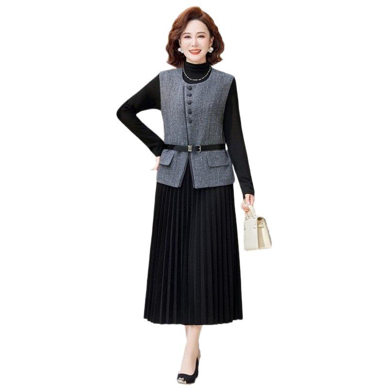 Women's French-Style Waist-Cinching Pleated Long Dress & Jacket Set, Spring/Autumn 2026