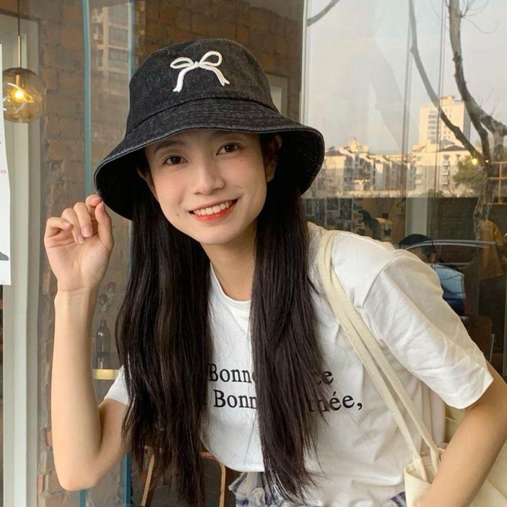 Sweet Bow Embroidery Hat Korean Washed Denim Hat Fashion Bowknot Bucket Hat  for Women