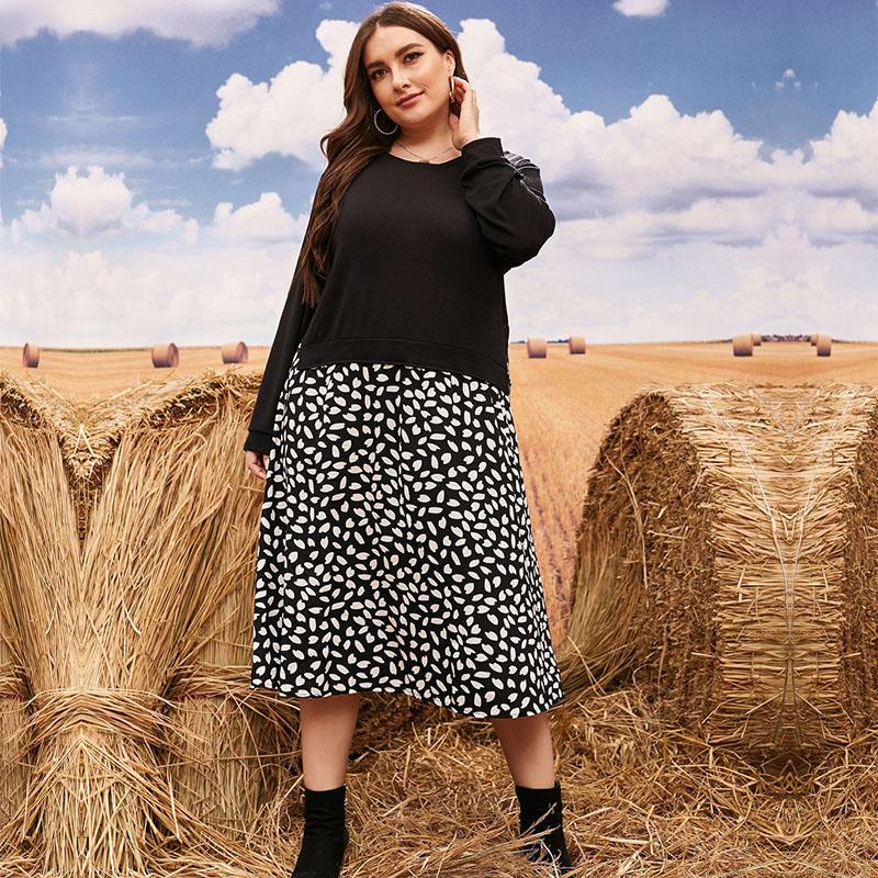 

Плюс размер осень-зима с круглым вырезом и длинным рукавом вязаное лоскутное свободное платье L-4XL