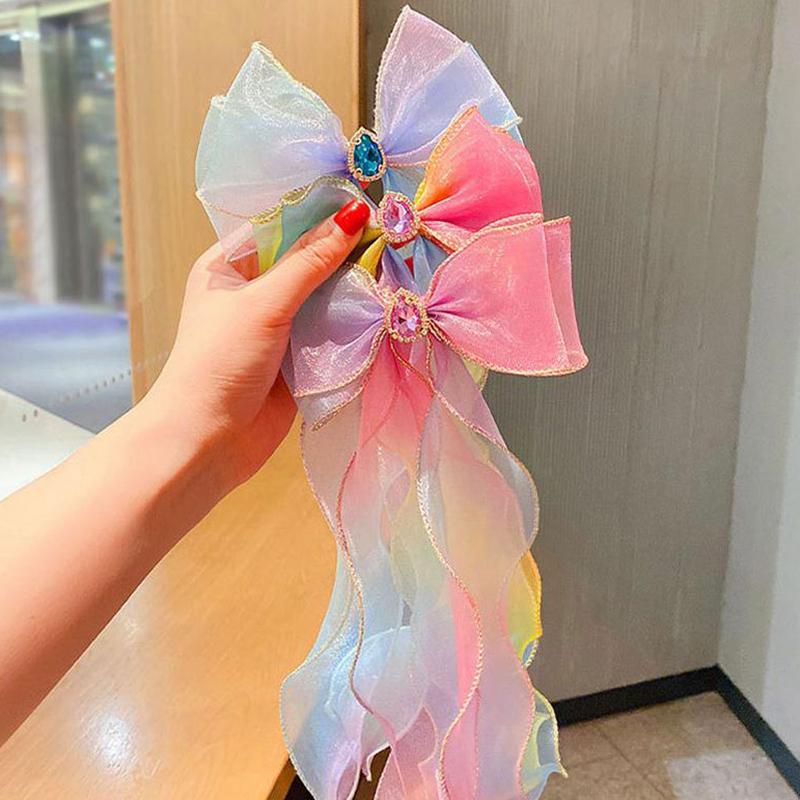 Girls Cute Elegant Mesh Bow Ribbon Hair Clip With Faux Pearl Tassel Crystal Decoration Colorful Chiffon Headwear For Party Kids