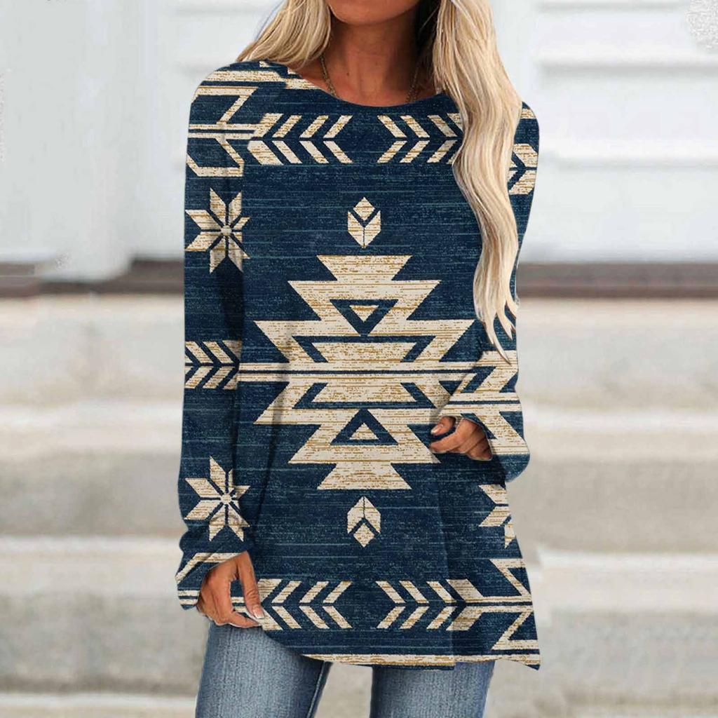 Ethnic tribe geometric print autumn casual comfortable women's long sleeve T-shirt Urban street trend fashion women long sleeve